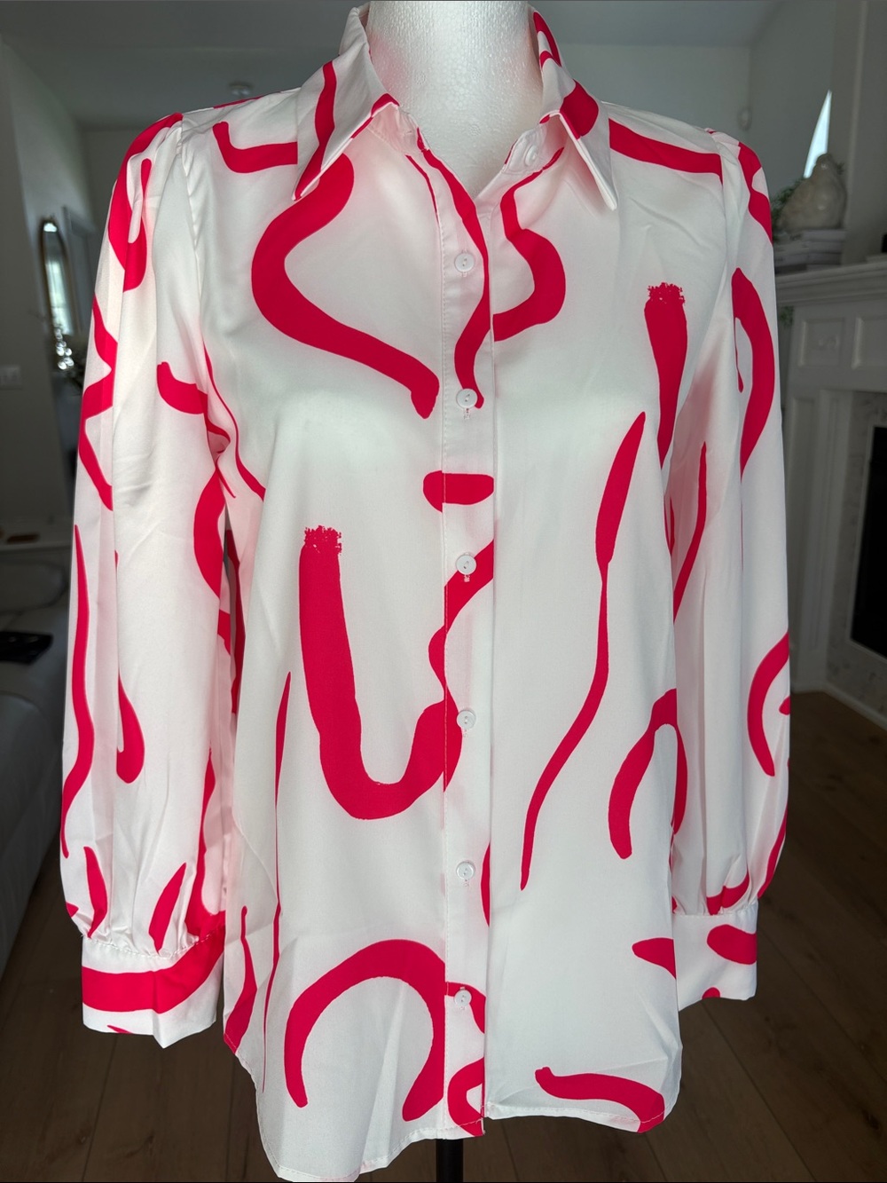 White Button-Up Blouse with Fuchsia Abstract Print